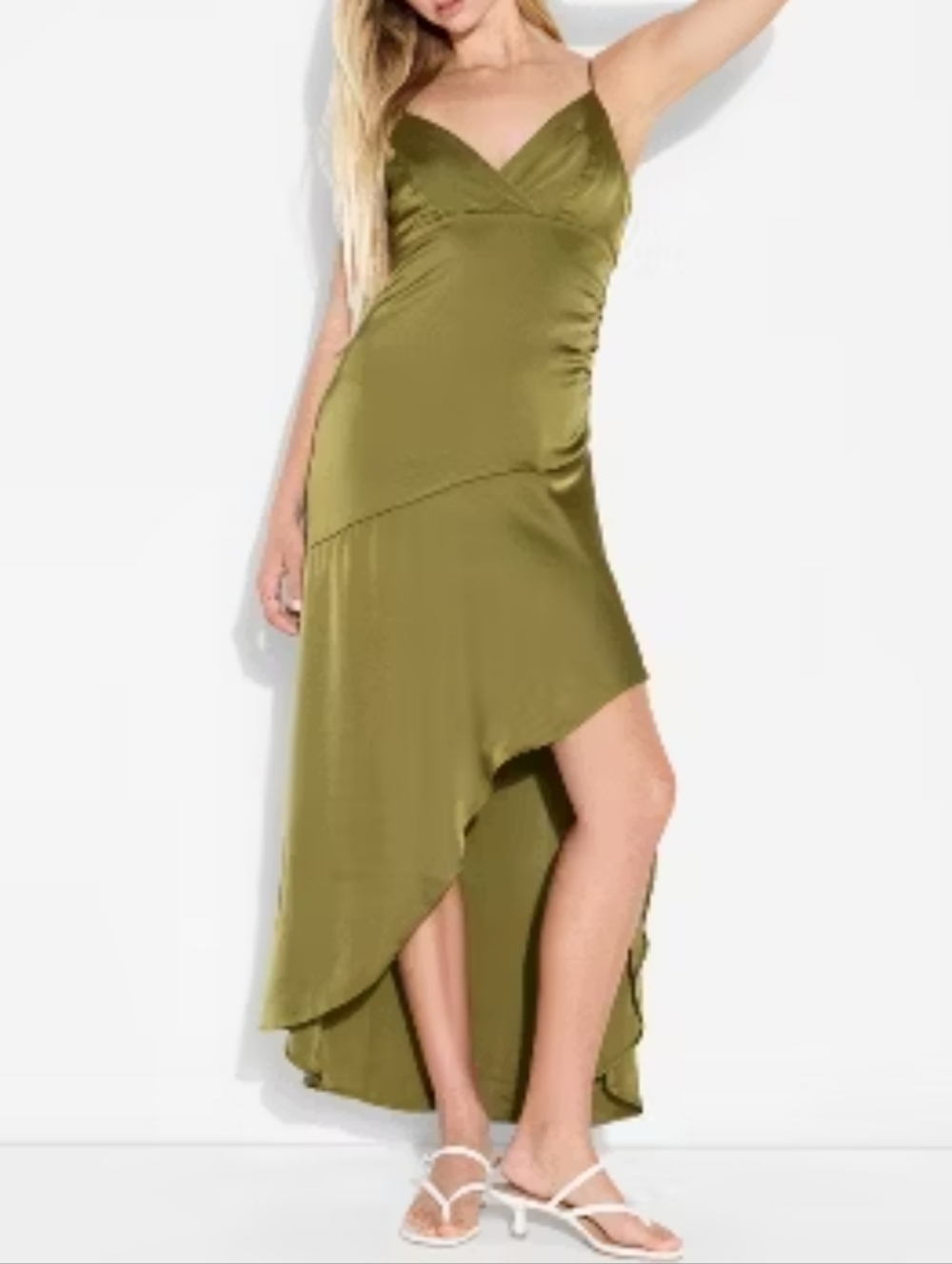 Wild Fable Olive Green Satin Asymmetrical Maxi A-Line Dress Size Xs